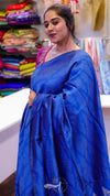 Woman wearing a blue saree with a colorful background