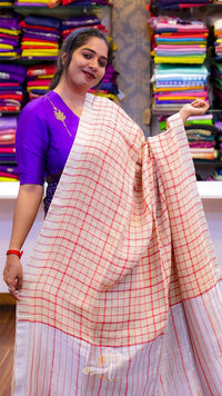 Woman holding a checkered saree in a fabric store