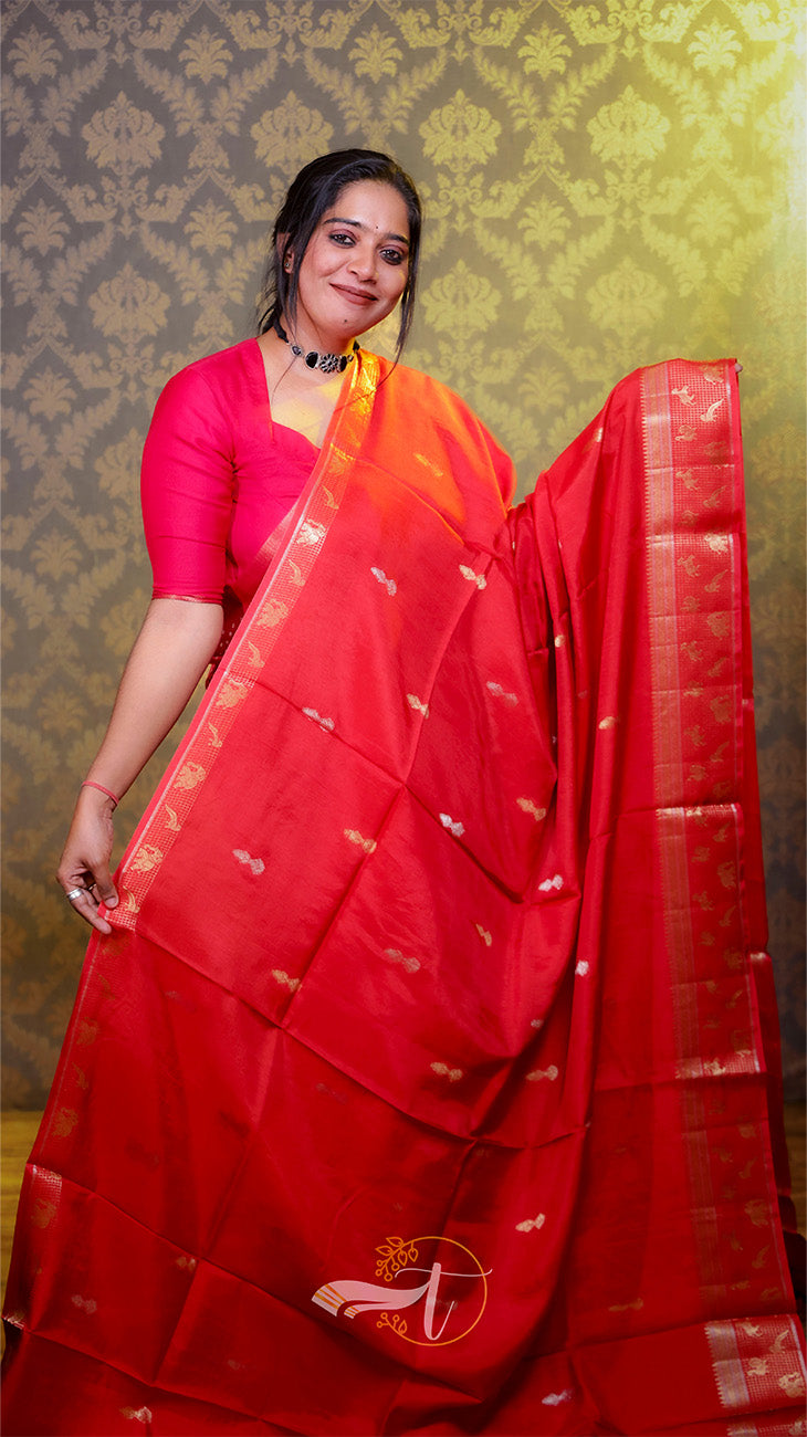 Woman wearing a red saree with a gold border against a patterned wall.
