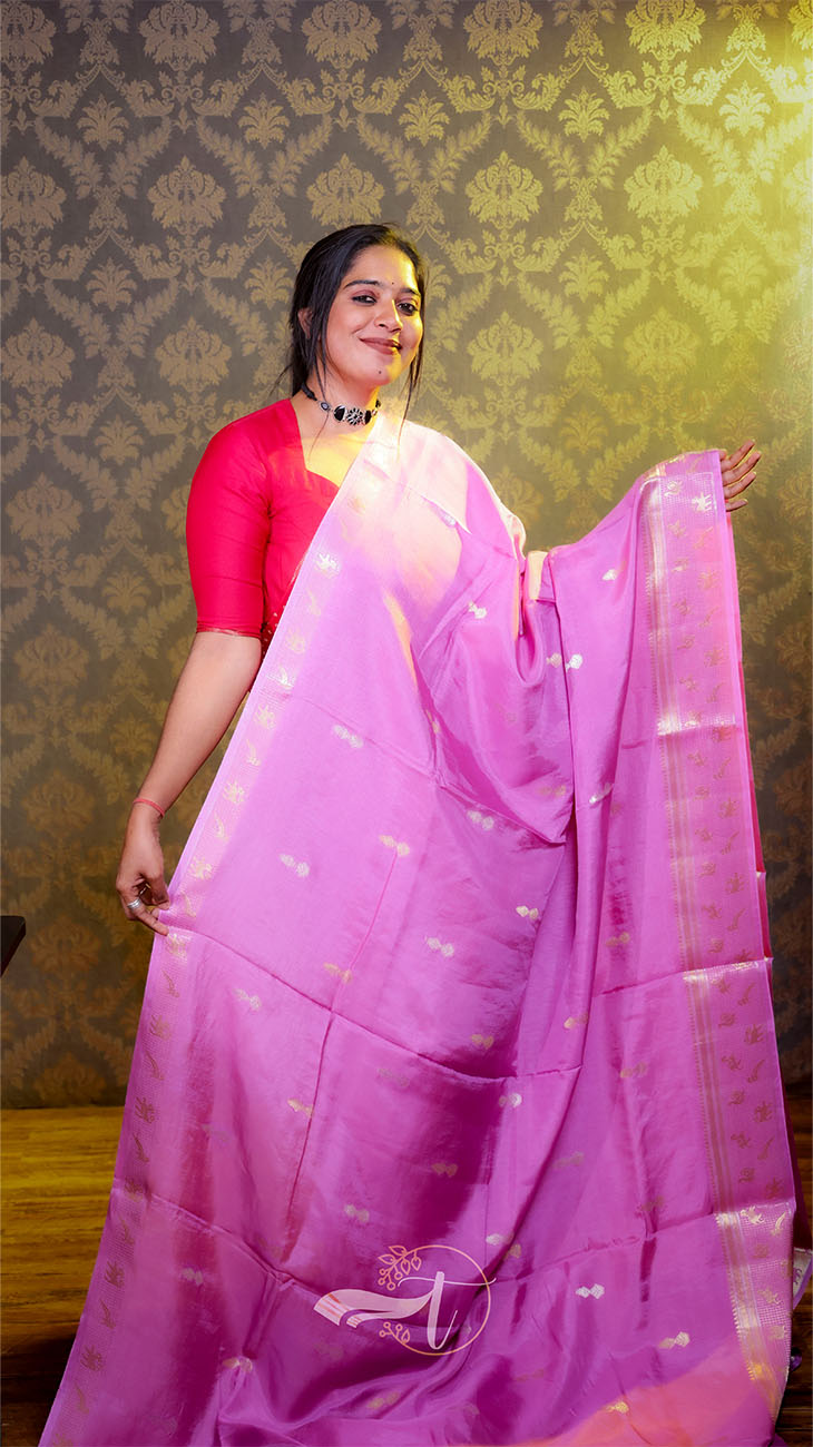 Woman wearing a pink saree with a patterned background