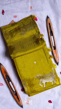 Mustard yellow fabric with gold embroidery on a white background