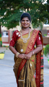 Woman in traditional brown and red saree with jewelry standing outdoors.