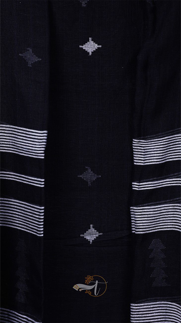 Black fabric with white stripes and geometric patterns