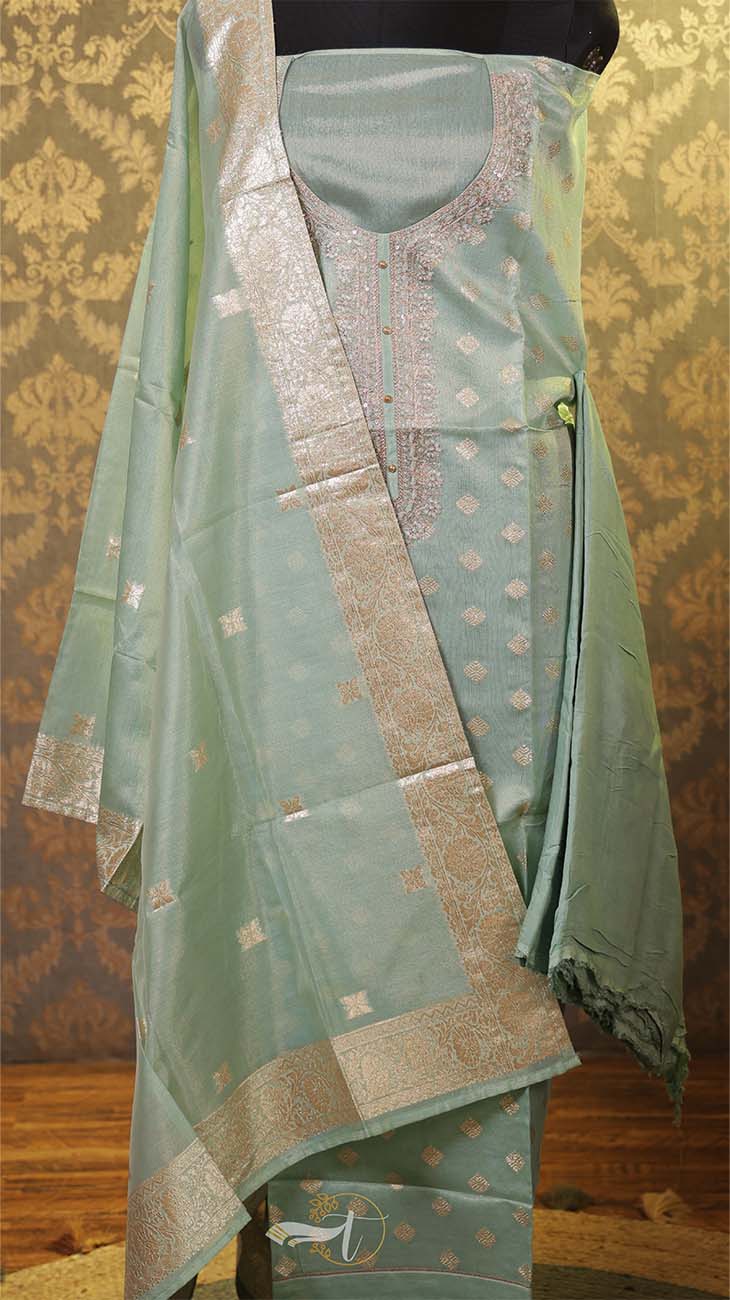 Light blue saree with silver border on a patterned background