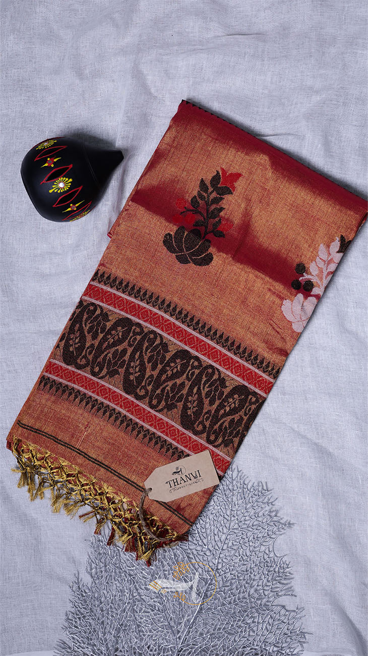 Decorative scarf with intricate patterns on a light gray background