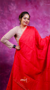 Woman wearing a red saree with a pink background