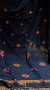 Navy blue fabric with gold and pink floral patterns