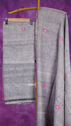 Gray fabric with pink floral patterns on a purple background