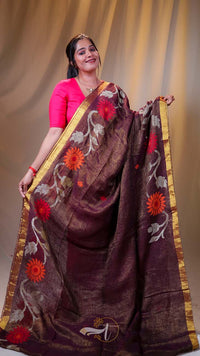 Woman wearing a brown saree with floral patterns and a pink blouse against a plain background