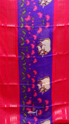 Decorative fabric with floral patterns and cartoon characters on a red background