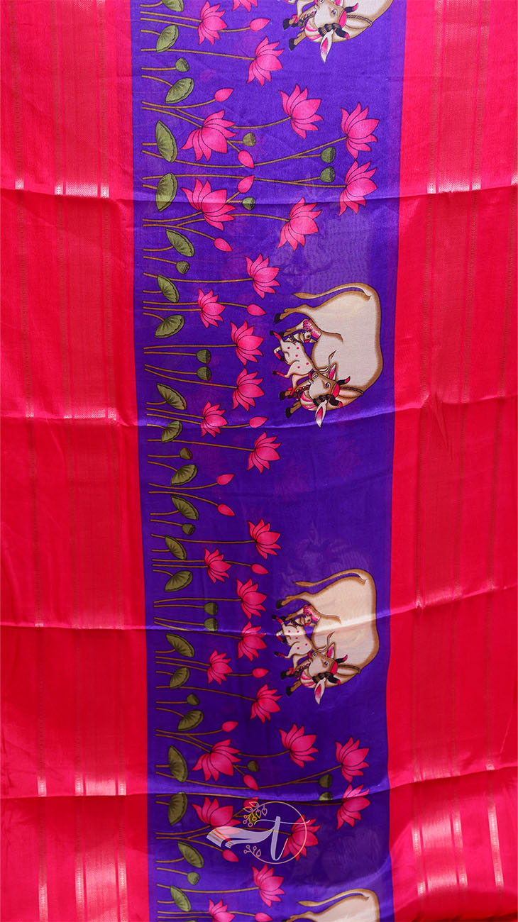 Decorative fabric with floral patterns and cartoon characters on a red background