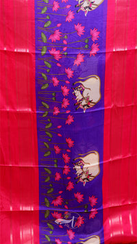 Decorative fabric with floral patterns and cartoon characters on a red background