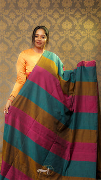 Woman holding a colorful striped saree against a patterned wall.