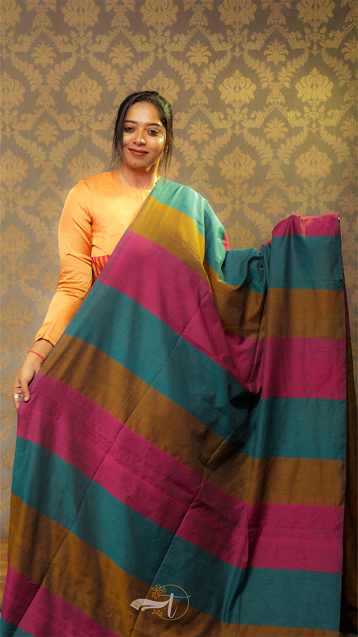 Woman holding a colorful striped saree against a patterned wall.