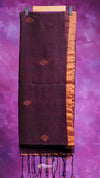 Dark brown scarf with gold patterns on a purple background