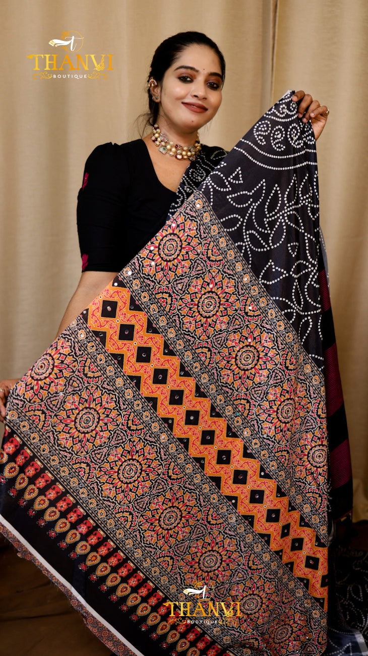 Ajarkh Modal Mirror Work Saree