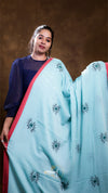 Woman wearing a light blue saree with black patterns against a brown background