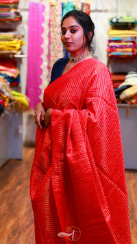 Woman wearing a red saree with a blurred background of a store.