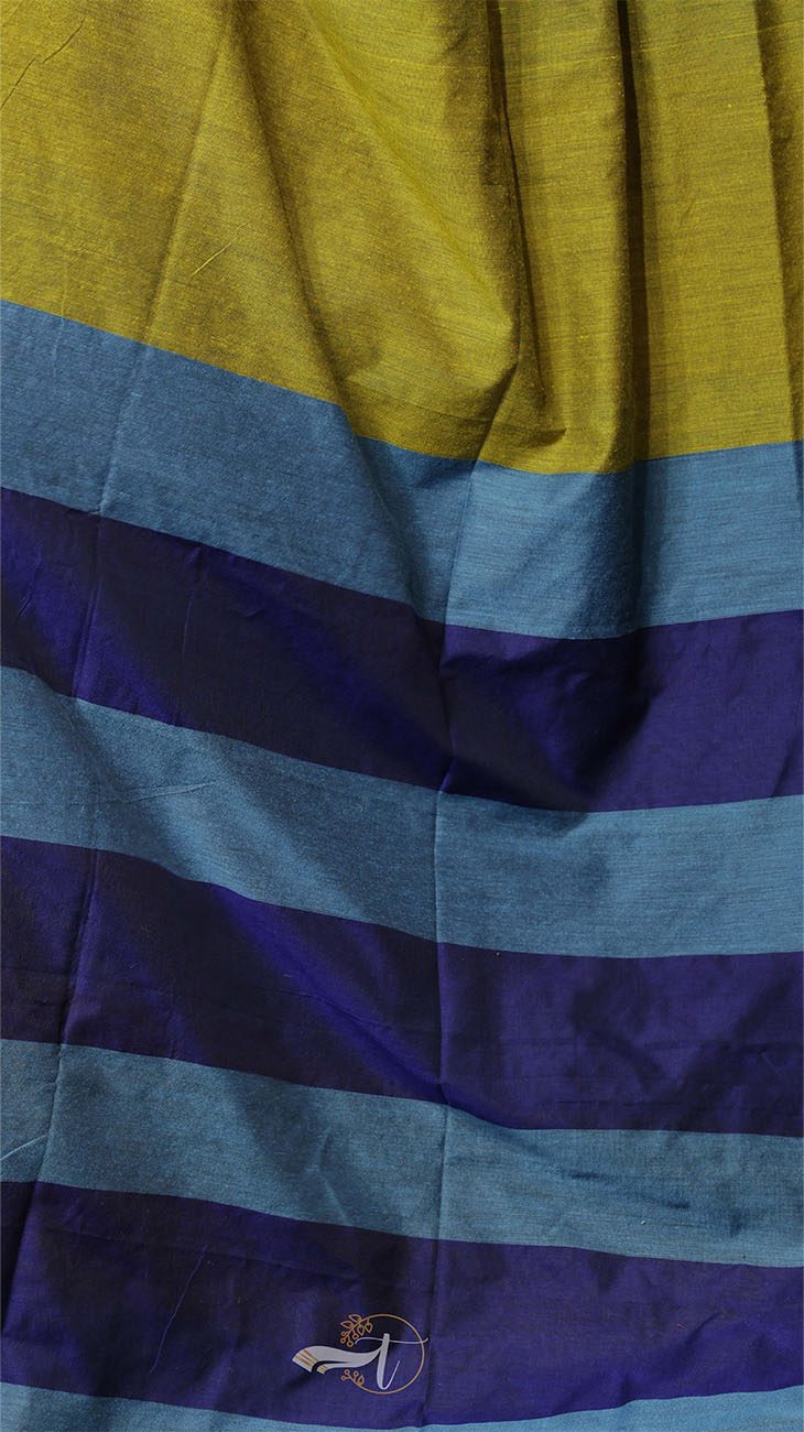Striped fabric with yellow, blue, and purple colors.