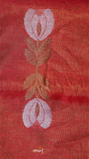 Decorative fabric with embroidered tulip design on a red background