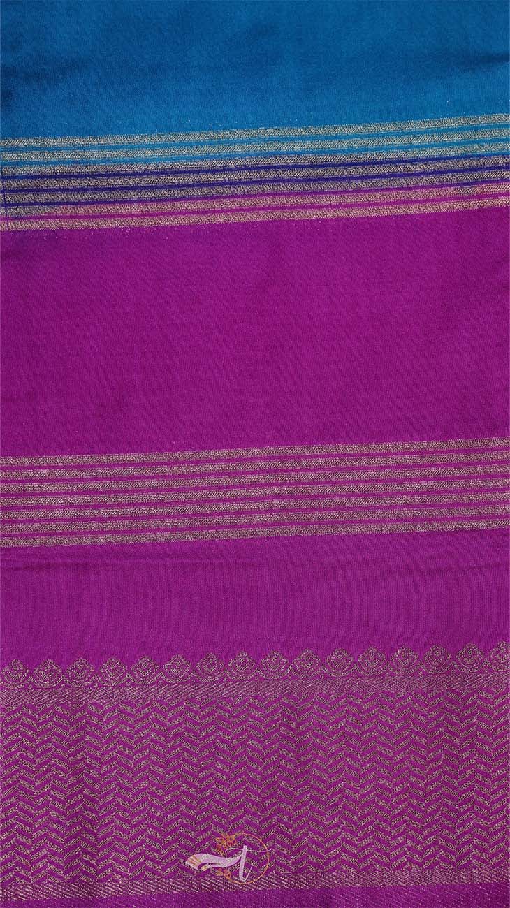 Purple fabric with blue and gold stripes