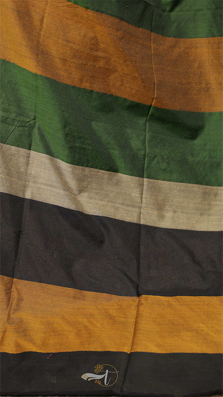 Close-up of a jacket with green, orange, and black horizontal stripes.