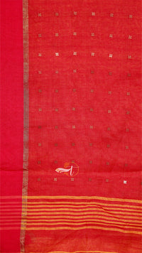 Red fabric with gold border and white logo
