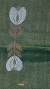 Embroidered design of flowers on a green fabric background