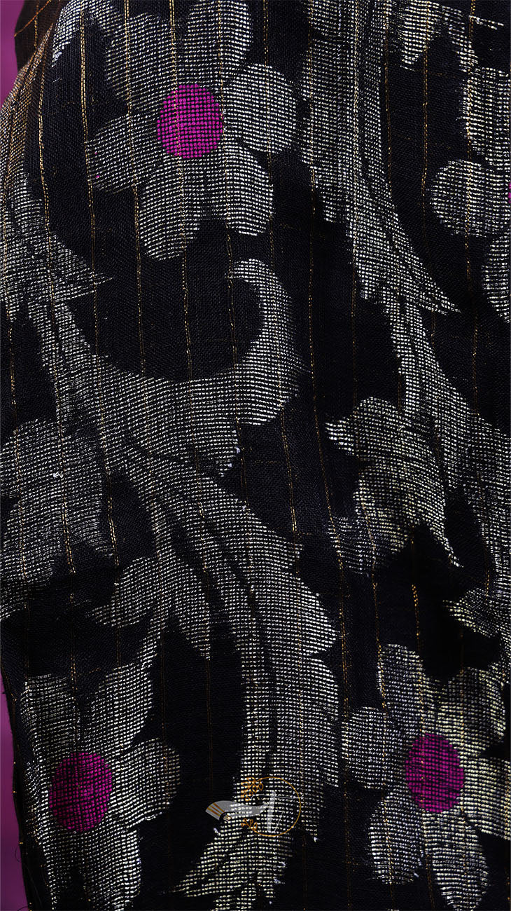 Close-up of a floral patterned fabric with black, gray, and purple colors.