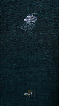 Dark blue fabric with embroidered designs on a dark background