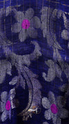 Close-up of a floral patterned fabric with purple flowers on a dark background