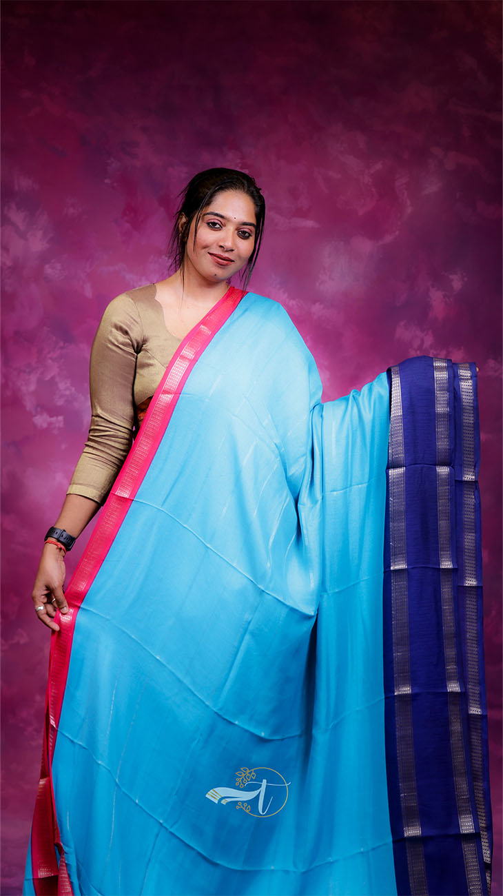 Woman wearing a blue saree with a pink border against a purple background