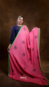 Woman holding a pink saree with green border against a brown background