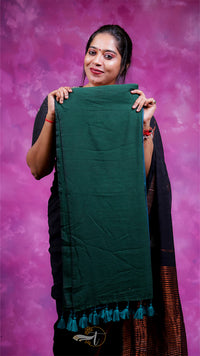 Woman holding a green saree against a pink background