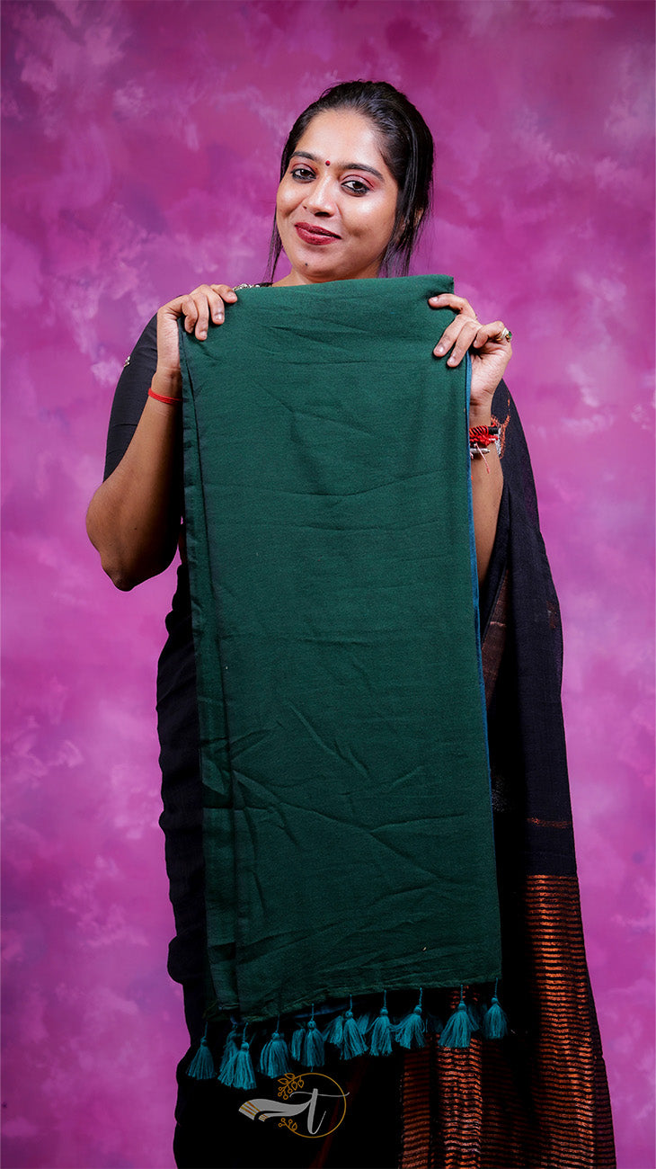 Woman holding a green saree against a pink background