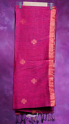 Pink saree with floral patterns on a purple background