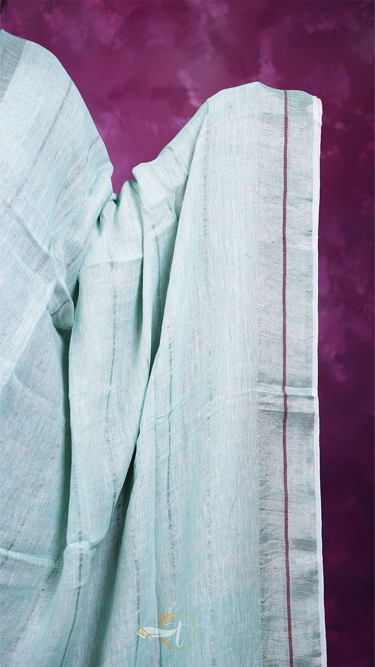 Light blue saree with red border on a purple background