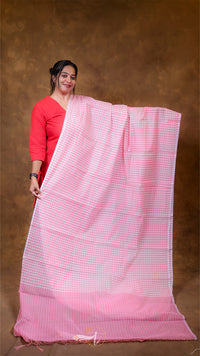 Woman holding a pink saree with a brown background