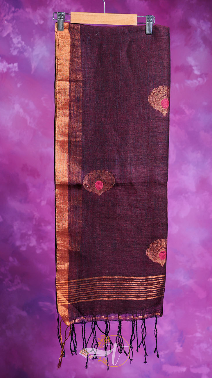 Brown scarf with decorative patterns and tassels on a purple background
