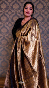Woman wearing a gold saree with a patterned wall background
