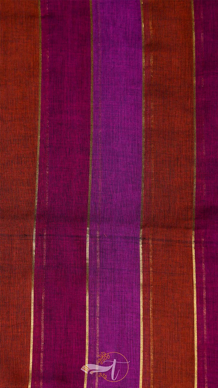 Purple and brown striped fabric with a brand logo at the bottom.