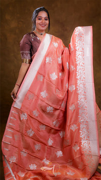 Woman wearing a peach saree with white patterns against a brown background