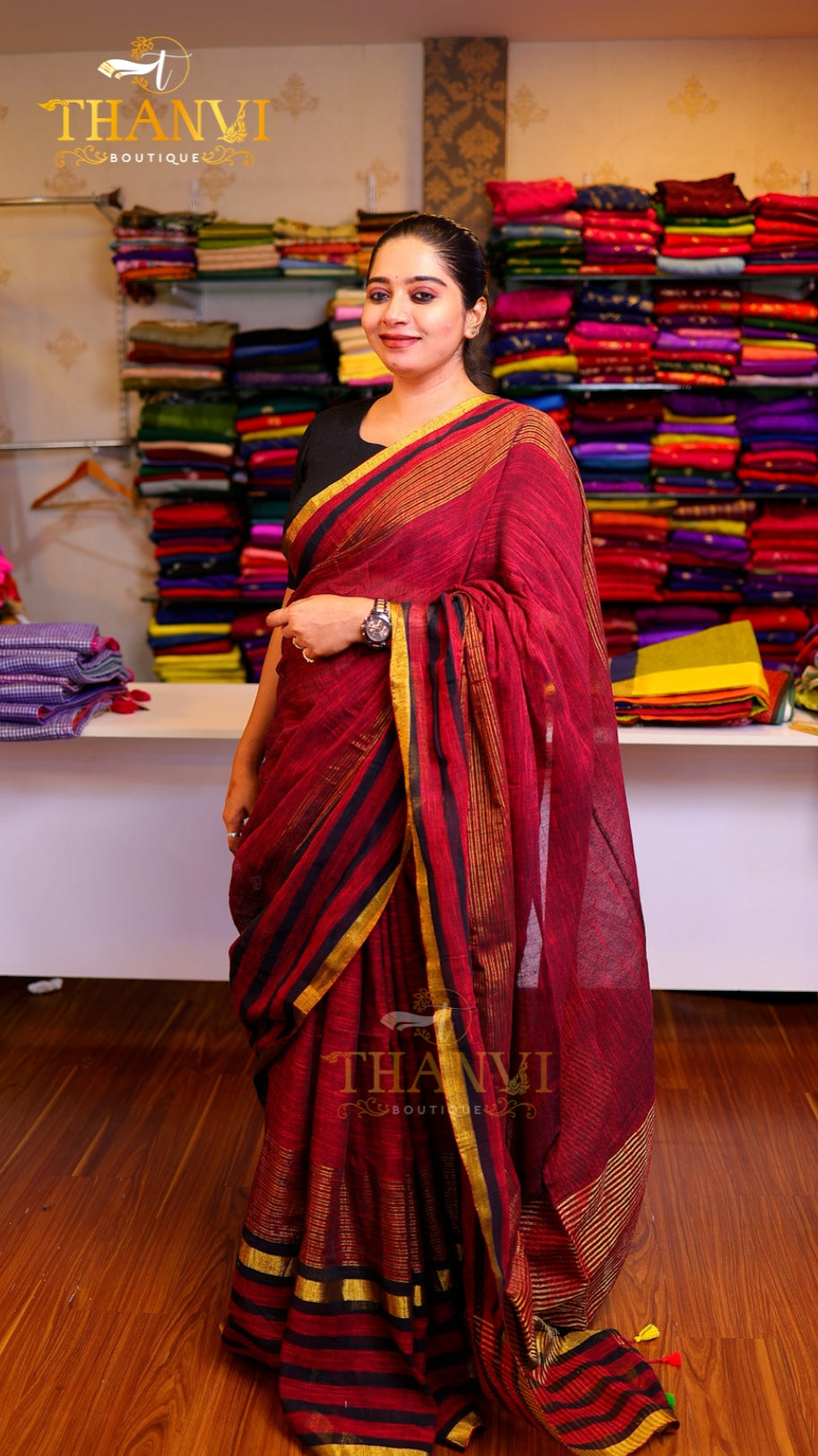 Linen Zari Big Border – Thanvi Boutique
