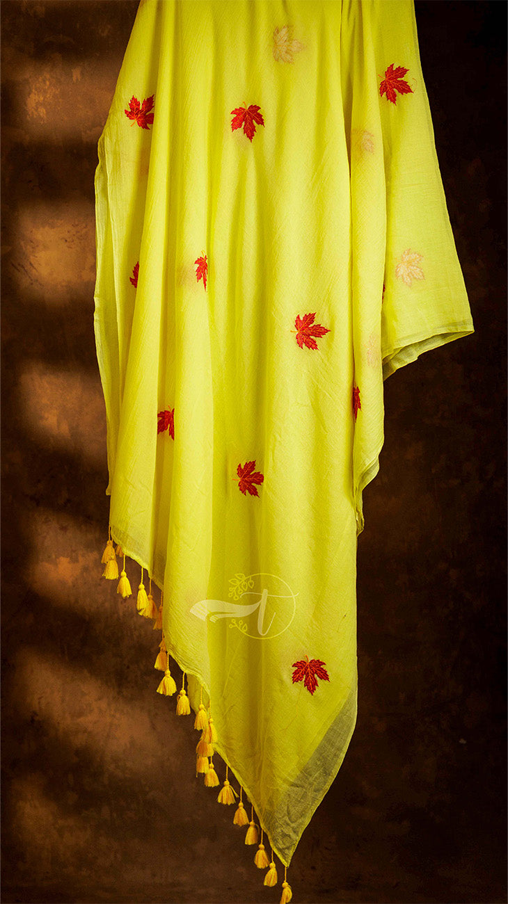 Light green scarf with red floral patterns and yellow tassels on a dark background