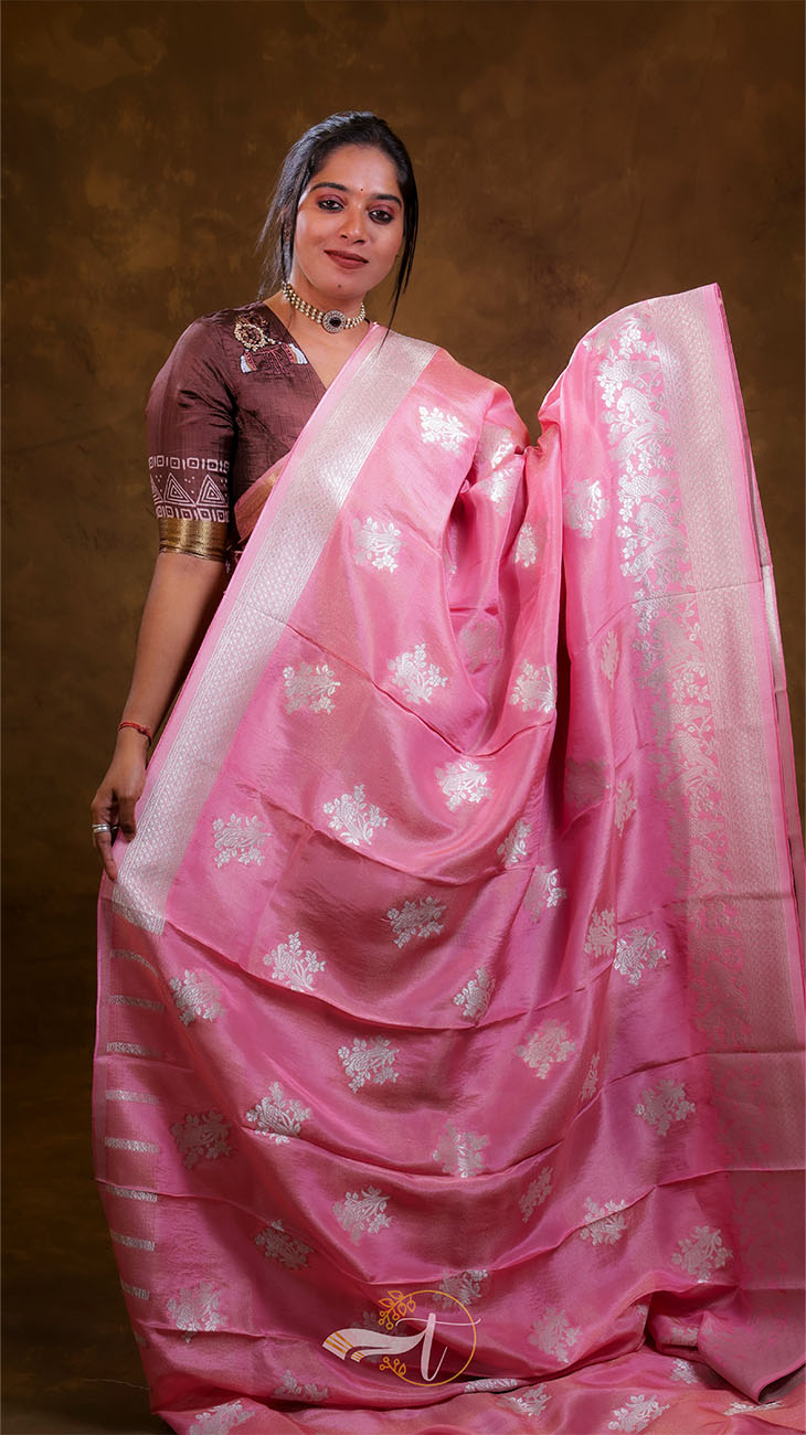 Woman wearing a pink saree with white patterns against a brown background