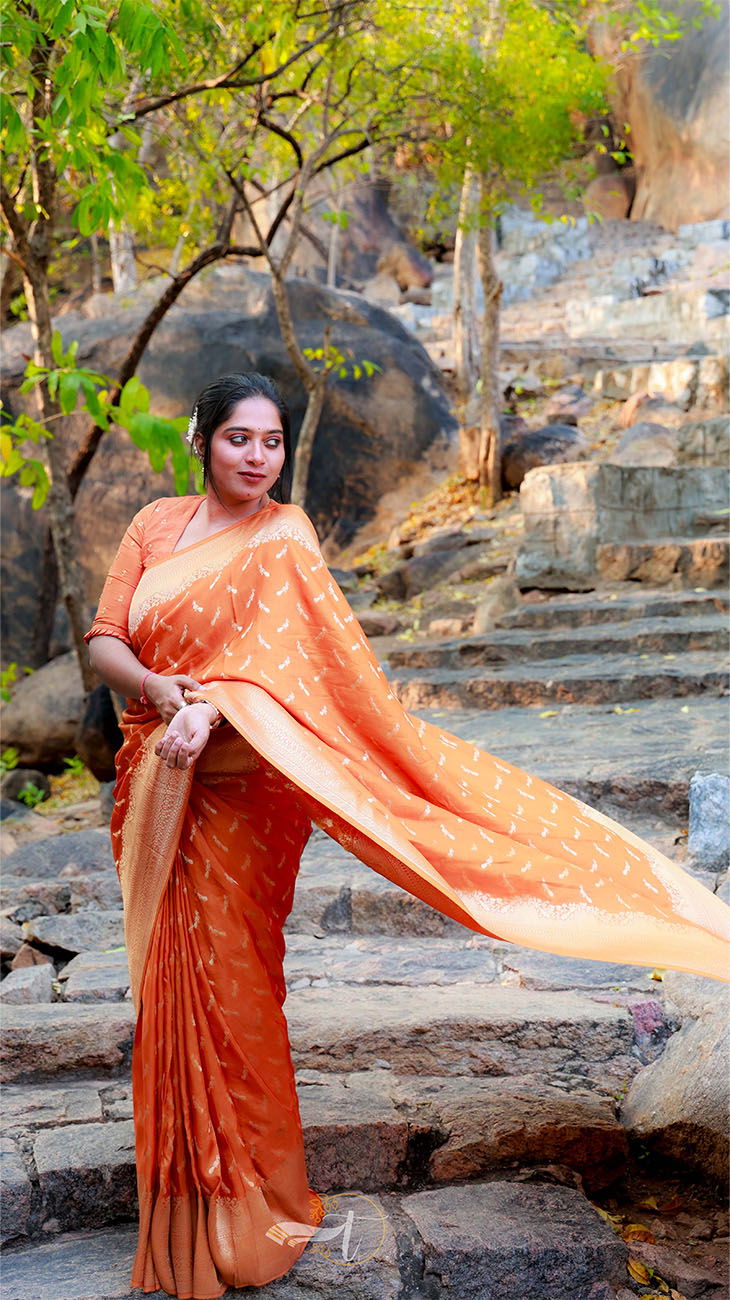 Woman in an orange saree standing on stone steps with greenery in the background