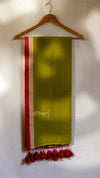 Green scarf with red and gold accents on a wooden hanger against a white wall.