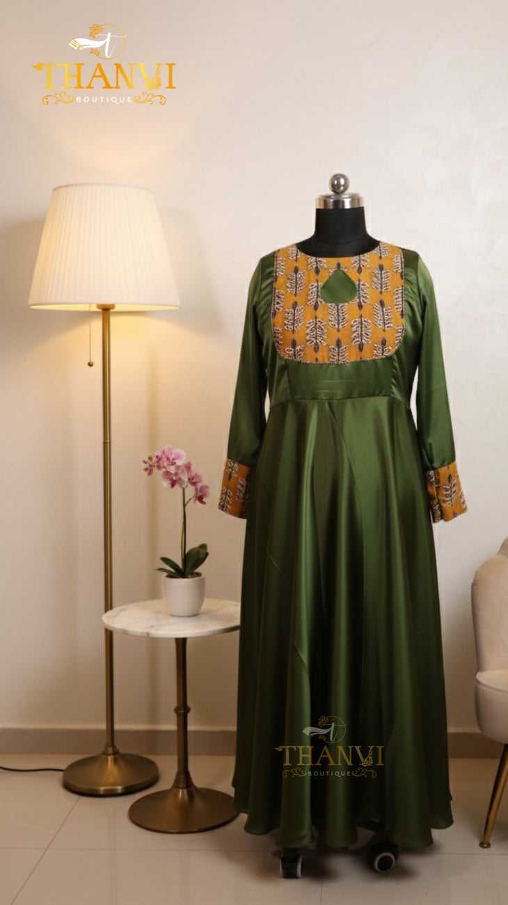 Satin Shine Umbrella Kurti Set Green