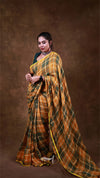 Woman wearing a traditional checkered saree against a brown background