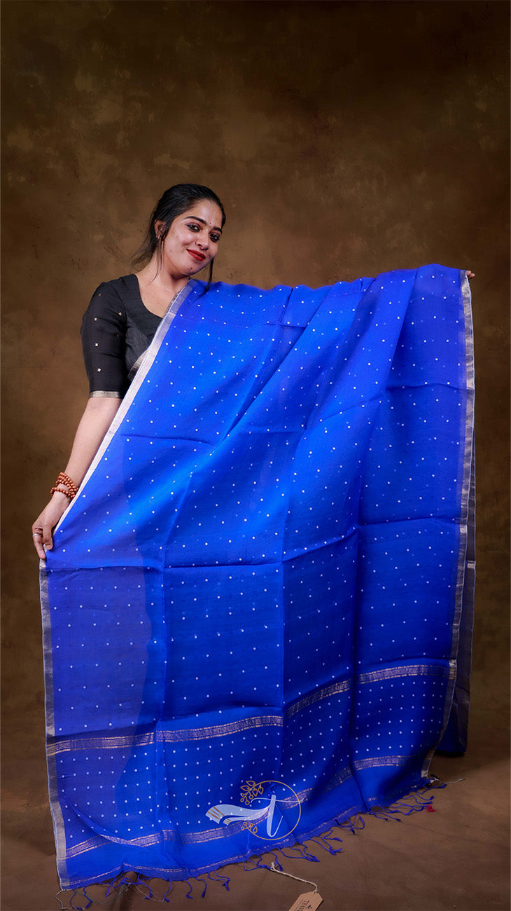 Woman holding a blue saree with white patterns against a brown background